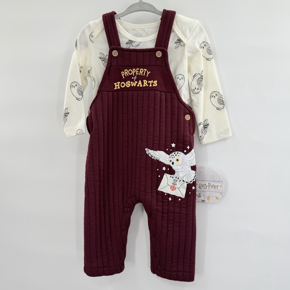 Harry Potter Hedwig Hogwarts Quilted Overalls Romper Bodysuit Set Baby 12M NWT